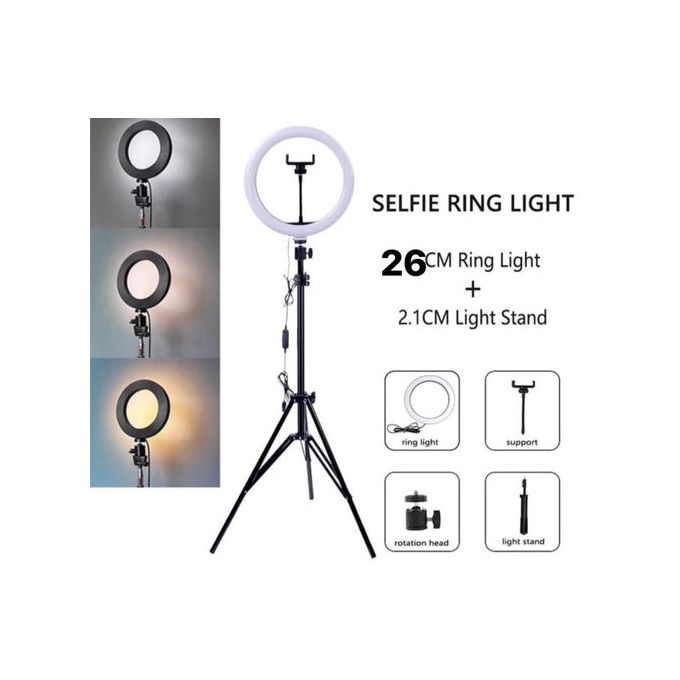 Ring Light Selfie LED 26 cm, 3 modes, avec trépied et support de
