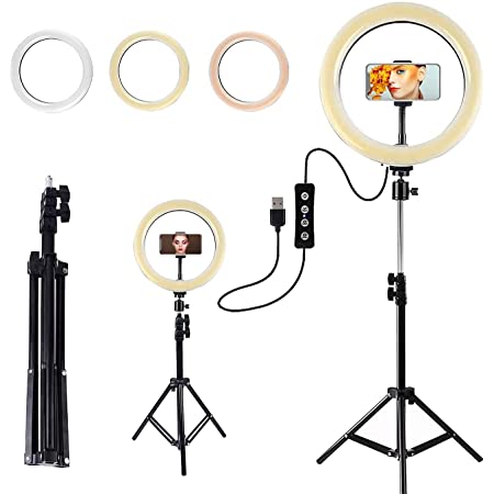 VicTsing Light Ring Chargeur USB et Perche à Selfie Maquillage,Youtube Vidéo 5 Niveaux de Luminosité et 5 Modes déclairage pour Caméra Télécommande 3000K-6500K Lampe Annulaire LED avec Trépied 